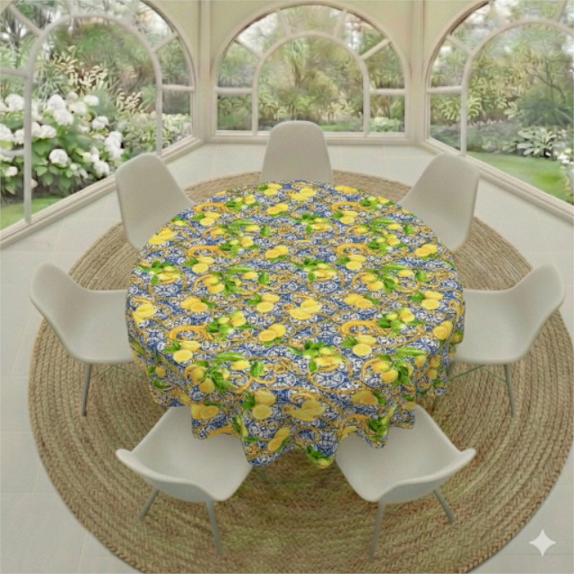 Tablecloth Round - Lemons Yellow And Blue