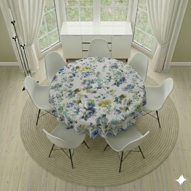 Round Tablecloth- Blue Watercolour Floral